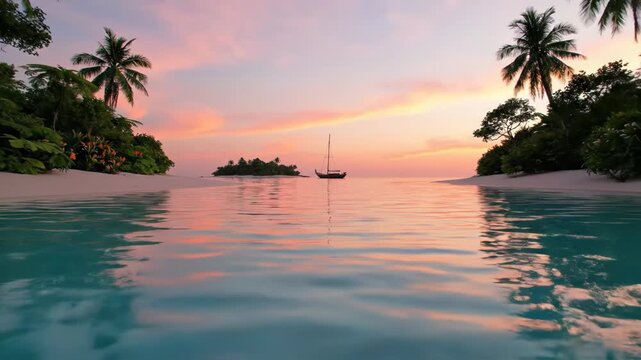 Tropical island lagoon at sunset with sailboat anchored in calm turquoise water, framed by lush palm trees and white sand beaches under a vibrant pink and orange twilight sky.