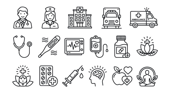 Medical Icons Set: Doctor, Nurse, Hospital, Ambulance, Health Care Symbols