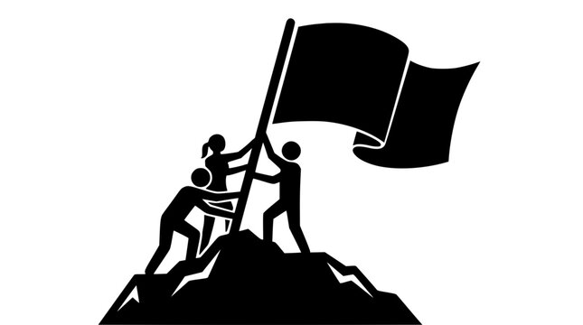 Graphic illustration of a determined team collaboratively raising a flag on a mountain, symbolizing triumph, leadership, and the successful achievement of ambitious goals