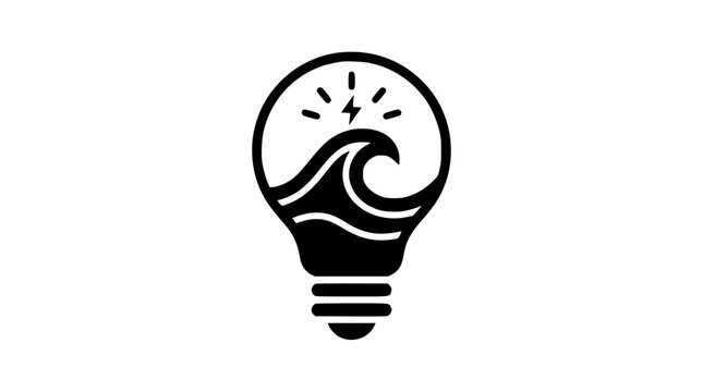 Black and white minimalist icon of a light bulb containing a surging ocean wave and a lightning bolt, conceptually representing sustainable hydro-electric power, clean tidal energy innovation, and bri