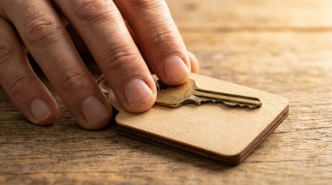 Key to Success: A close-up shot captures a person's hand gently holding a key attached to a wooden keychain, symbolizing new beginnings or unlocking opportunities.