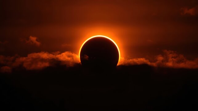 Total solar eclipse with a glowing ring of light behind dark clouds in the sky
