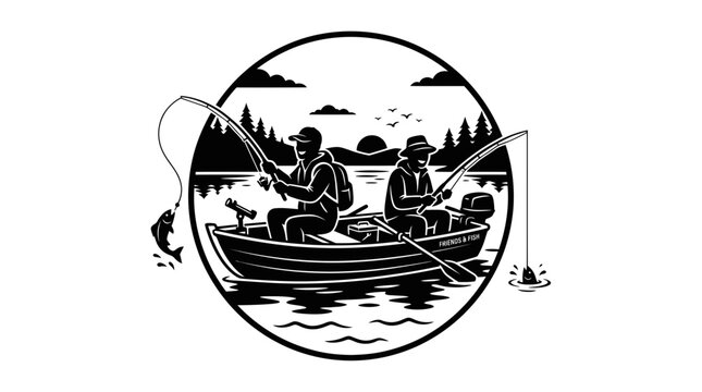 Fishing boat friends enjoying sunset on lake, catching fish, outdoor hobby