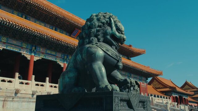 Beijing Forbidden City Imperial Bronze Guardian Lion Statue Close Up with Gate of Supreme Harmony Architecture