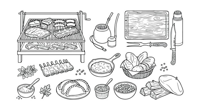 Argentinian BBQ Parrilla Grill Vector Set, Traditional Asado Food and Drink Collection, Hand-Drawn Line Art for Restaurant Menus and Culinary Design