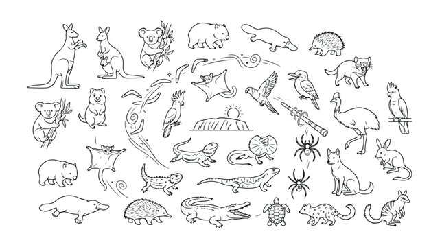 Australian wildlife vector icon set, hand-drawn black and white animal illustrations, native fauna collection, perfect for educational resources and travel designs.