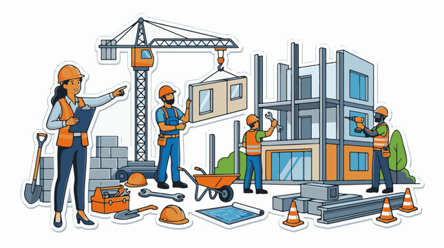 A construction site with workers building a modular house
