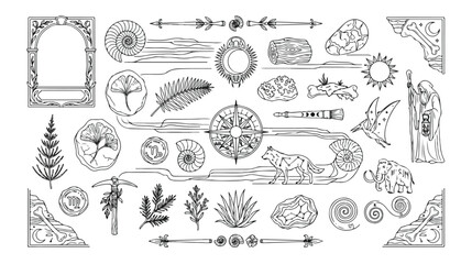 Vintage natural history vector collection, ancient fossil illustrations, botanical and zoological elements, decorative frames and dividers, hand-drawn black and white art for educational design. © Logan