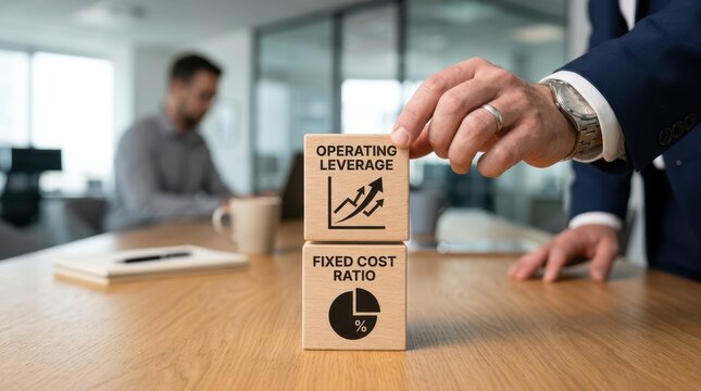 Businessman analyzing operating leverage and fixed cost ratio in office