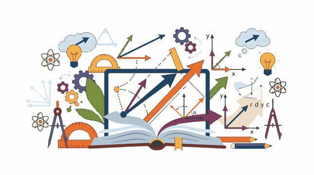 Colorful illustration of mathematical and scientific symbols surrounding an open book