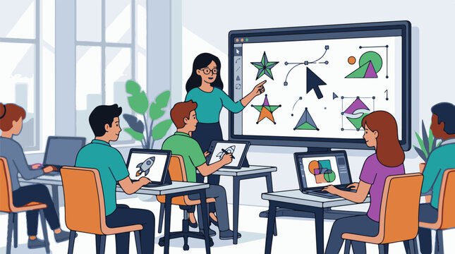 A woman teaches a classroom of students using laptops and a large computer monitor