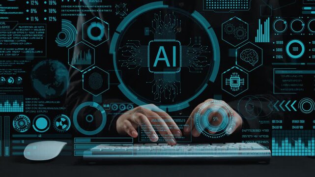 A modern workspace showcases human hands typing on a keyboard amidst floating digital data graphics, encapsulating themes of technology, AI, and innovation in the digital age. Cipher