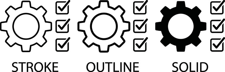 Three gear icons in stroke, outline, and solid styles with checkmarks © prodip