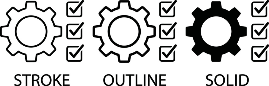 Three gear icons in stroke, outline, and solid styles with checkmarks