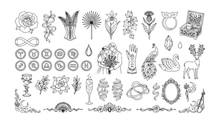 Mystical black and white vector icon set, celestial astrology symbols, elegant floral and animal illustrations, magical design elements for spiritual branding and witchcraft themes © Logan