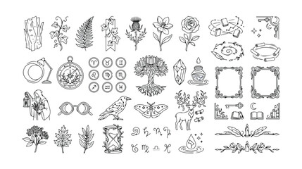 Mystical hand-drawn vector icon set, enchanting nature and magic symbols, witchy design elements, esoteric illustrations for spiritual branding and fantasy projects © Logan