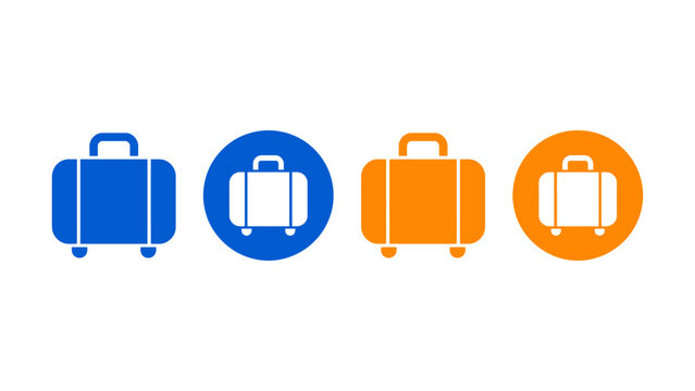 Four colorful suitcase icons in blue and orange hues