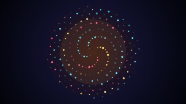 An abstract motion graphic featuring a vibrant spiral of blue, pink, and yellow glowing dots rotating on a dark background, perfect for creative backgrounds and tech concepts