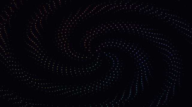 Abstract motion background featuring vibrant rainbow dots in a rotating spiral vortex pattern over a black backdrop. Ideal for modern tech or music visuals