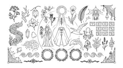 Obraz premium Mystical hand-drawn vector elements, a celestial and magical design kit, spiritual and esoteric illustrations for witchcraft and fantasy themes, black and white line art collection.