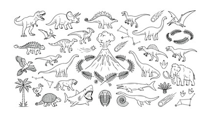 Prehistoric dinosaur vector collection, hand-drawn ancient animal illustrations, volcano eruption, fossil, and plant elements, black and white outline set for educational and children's designs © Logan