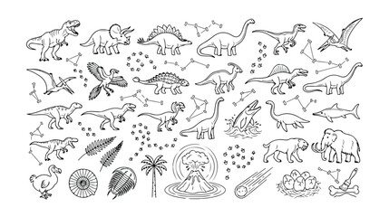Dinosaur and Prehistoric Animals Vector Collection, Hand-Drawn Black and White Line Art Set, Ancient Wildlife and Paleontology Elements for Education and Design © Logan