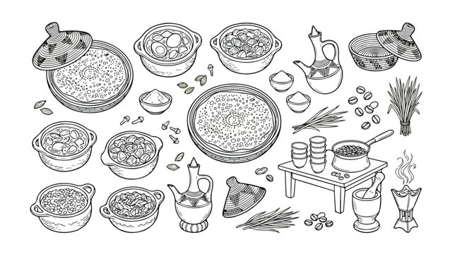 Traditional Ethiopian and Eritrean Cuisine Vector Collection, Hand-Drawn African Food and Drink Set, Authentic Cultural Dishes and Coffee Ceremony Elements for Menus and Design