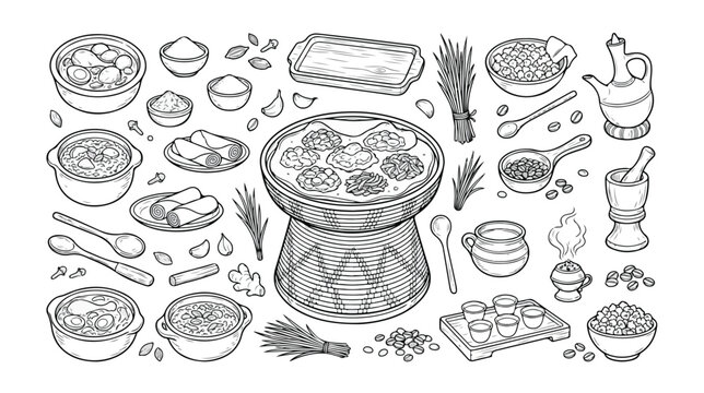 Ethiopian cuisine vector icon set, traditional African food and drink collection, injera bread, wot stews, coffee ceremony elements, spices, and cooking utensils