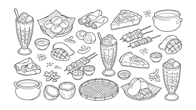 Filipino food and dessert vector line art collection, traditional Asian cuisine, delicious street food, and sweet treats, hand-drawn illustration set for menus and cultural designs.