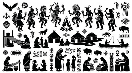 Obraz premium Black silhouettes depict Indigenous culture: dancing around fire, storytelling, weaving, elders teaching, buffalo, totem poles, and daily life, symbolizing tradition, spirituality, and community herit