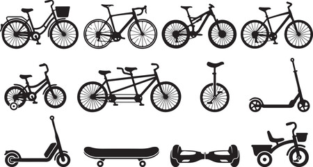 A collection of black silhouette featuring various bicycles, a tandem bike, a unicycle, scooters, a skateboard, a hoverboard, and a tricycle, isolated on a clean white background © MdAbu