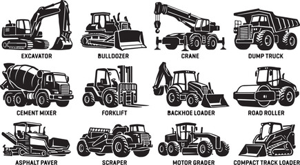 A collection of twelve black and white depicting heavy construction machinery, including an excavator, bulldozer, crane, dump truck, cement mixer, forklift, backhoe, and road roller © MdAbu