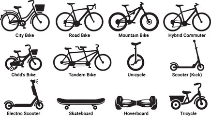 A collection of twelve black silhouette representing various personal transportation vehicles, including bicycles, scooters, a skateboard, a hoverboard, and a tricycle, arranged in a grid © MdAbu