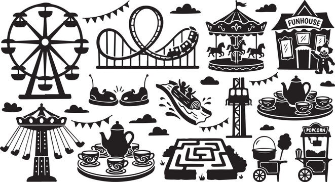 Black and white amusement park set featuring a ferris wheel, roller coaster, carousel, funhouse, log flume, bumper cars, teacup ride, drop tower, hedge maze, popcorn cart, and cotton candy