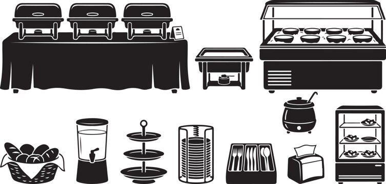 Black and white set of catering equipment, including a long buffet table with chafing dishes, a refrigerated display case, a beverage dispenser, a tiered food stand, and cutlery