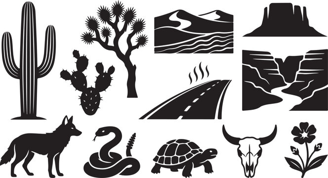 Collection of black silhouette featuring american southwest desert including a saguaro cactus, joshua tree, canyon, mesa, winding road, coyote, rattlesnake, tortoise, and cow skull