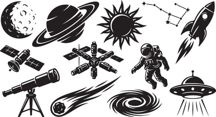 Set of black and white space featuring a moon, saturn, sun, constellation, rocket, satellite, space station, astronaut, telescope, comet, galaxy, and a flying saucer ufo © MdAbu