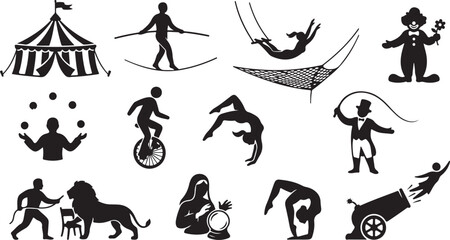 Set of black circus featuring a big tent, tightrope walker, trapeze artist, clown, juggler, unicyclist, acrobat, ringmaster, lion tamer, fortune teller, contortionist, and human cannonball © MdAbu