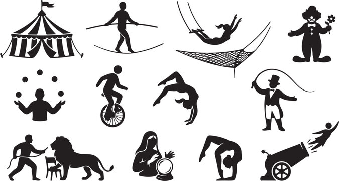 Set of black circus featuring a big tent, tightrope walker, trapeze artist, clown, juggler, unicyclist, acrobat, ringmaster, lion tamer, fortune teller, contortionist, and human cannonball