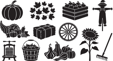 Set of black silhouettes featuring autumn harvest symbols, including a pumpkin, maple leaves, a crate of apples, a scarecrow, cornucopia, hay bale, wagon wheel, sunflower, cider press, and garden rake © MdAbu