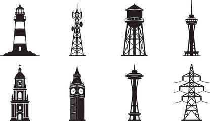 Obraz premium Set of eight black silhouette featuring various towers, including a lighthouse, communication mast, water tank, observation tower, clock tower, and an electrical power transmission pylon