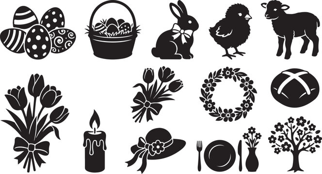 Set of black silhouette for easter celebration featuring decorated eggs, a basket, a bunny, a chick, a lamb, tulips, a floral wreath, a hot cross bun, a candle, a bonnet, and a tree