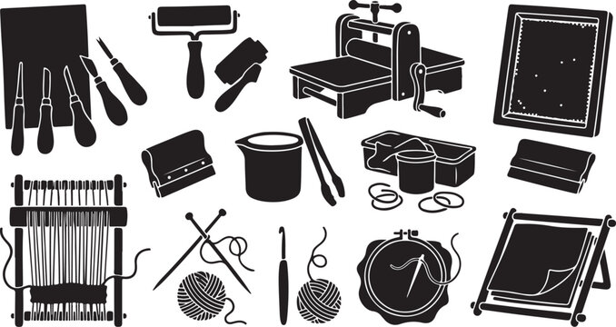 Set of black silhouette representing traditional craft tools, including printmaking presses, screen printing squeegees, weaving looms, knitting needles, crochet hooks, and embroidery hoops