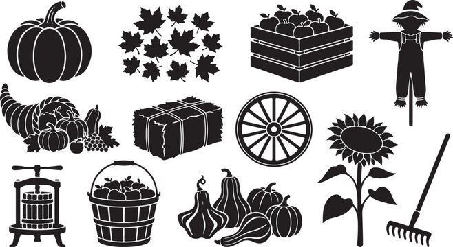 Set of black silhouettes featuring autumn harvest symbols, including a pumpkin, maple leaves, a crate of apples, a scarecrow, cornucopia, hay bale, wagon wheel, sunflower, cider press, and garden rake