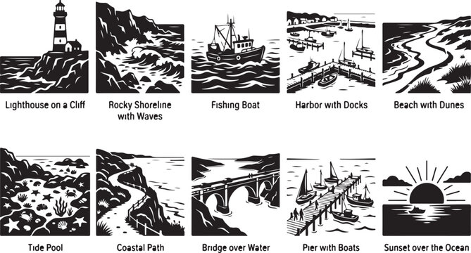 Set of ten black and white coastal landscape featuring a lighthouse, fishing boat, rocky shoreline, harbor docks, beach dunes, tide pool, coastal path, bridge, pier, and sunset over the ocean