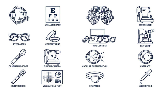 Ophthalmology Icons Set: Eye Care, Vision Testing, and Optical Equipment