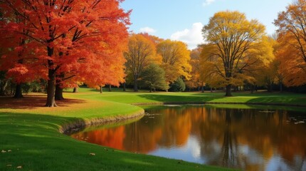 Obraz premium Beautiful autumn park with colorful trees and a calm pond in the afternoon sun