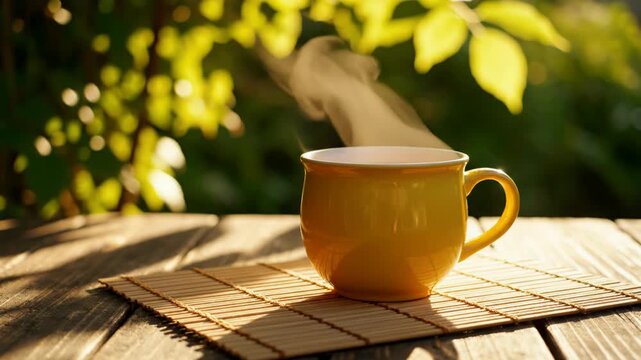Steaming yellow ceramic mug on bamboo placemat over rustic wooden table in outdoor sunlit garden. Visible steam rising from hot tea against blurred green foliage background.