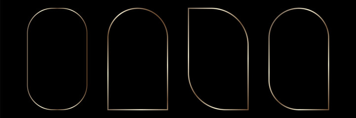 Golden geometric frames in art deco style. Luxury gold borders for for wedding invitation. Thin line oval and rectangle set for invitation decoration. Vector illustration isolated on black background. © Nur