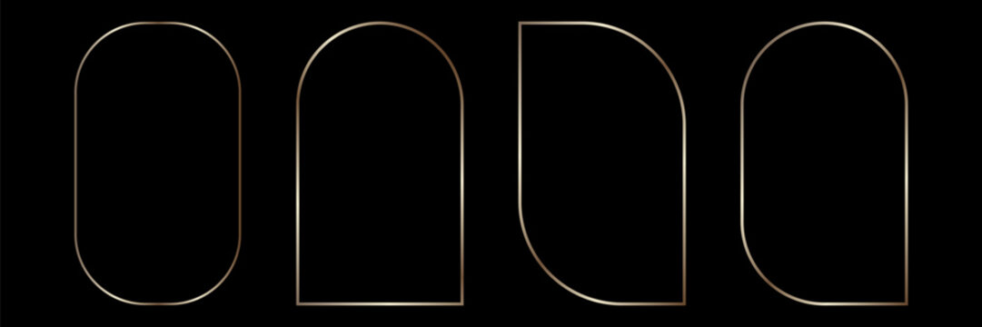 Golden geometric frames in art deco style. Luxury gold borders for for wedding invitation. Thin line oval and rectangle set for invitation decoration. Vector illustration isolated on black background.